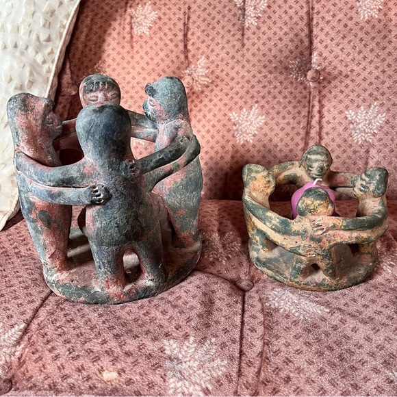 Vintage Aztec/Mayan Circle of Friends Terracotta Clay Candle Holder Set - Picture 2 of 10